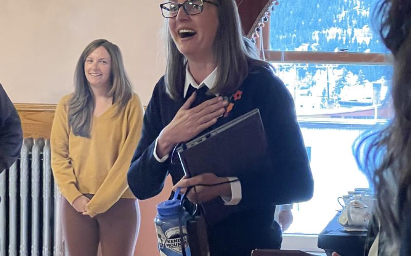 Town of Silverton’s Administrator Gloria Kaasch-Buerger was genuinely surprised by the crowd that had silently assembled in the trustee chambers on Monday afternoon before the TOS and SJC joint work session. Photo credit DeAnne Gallegos