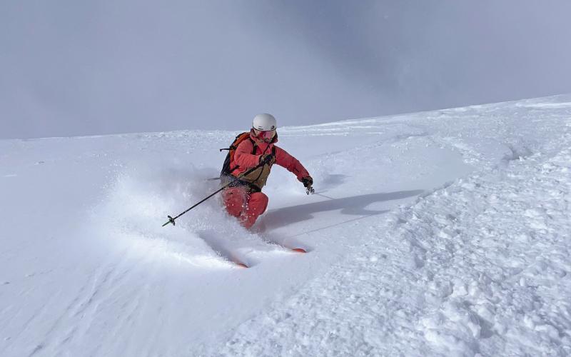 Guide Kim Grant takes a break from researching County candidates and enjoys some October powder skiing at Silverton Mountain on Monday morning. Photo Credit Calvin Davenport