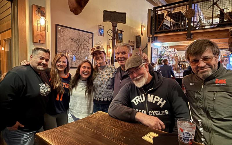 An evening out during the shoulder season at the Eureka Station, L-R Jim Harper, Amie Gardnier, Lucy Mulvihill, Sarah Moore, Ken Boden, Bruce Conrad, and David Breed photo by DeAnne Gallegos