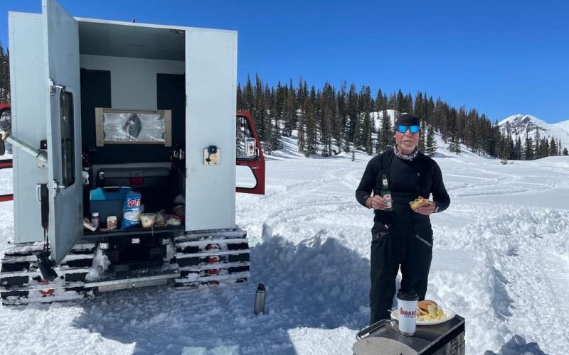 Andy Atha enjoying a lunch break after skiing high up in the San Juans a couple winter ago and in the same location as this years AA Gelande event. Photo credit David Breed