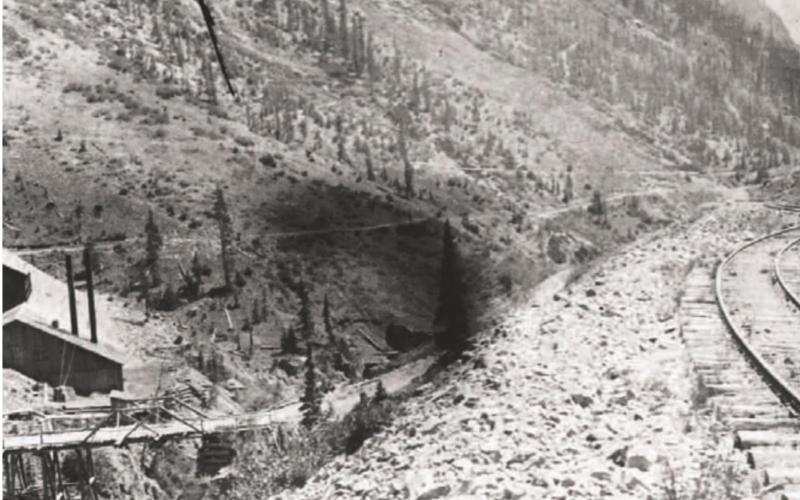 A photo of the Silverton Northern Railroad tracks passing by the Silver Wing Mine between Eureka and Animas Forks. This photo was believed taken by Frank Gonner in the summer of 1906.