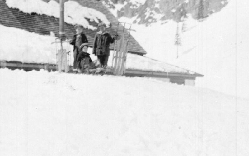 Eureka in 1932, with three boys sledding off the eaves of a company boarding house. The boys are Cliff Allen Jr., Van Rule and Edwin Larson Jr. Photo: San Juan Historical Society