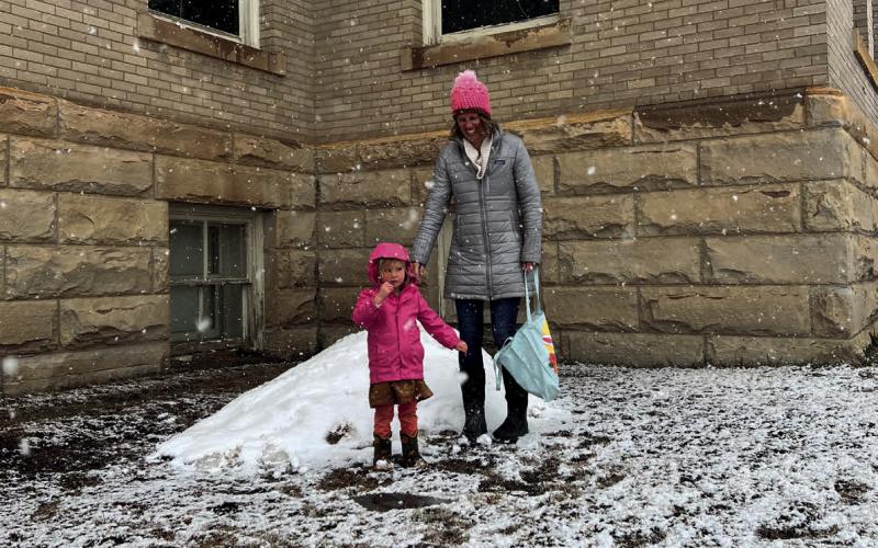 Hunting for eggs in the snow, wind, and damp. Photo credit Sterling Blankenship