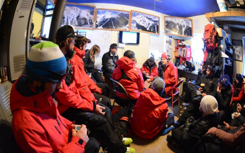 Aaron leading daily guide meeting circa 2016 (Photo Credit Silverton Mountain)