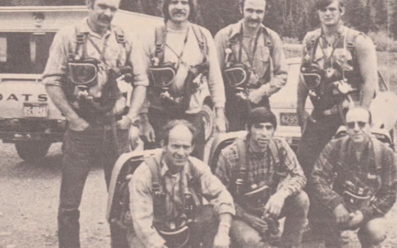 50 YEARS AGO · ABOVE: Tom Zanoni, front, and Zeke Zanoni in the drilling competiton at the Hardrockers Holidays in August 1974. This was the first year the Hardrockers was held since 1953, when it had been discontinued during a mining slump. RIGHT: The Standar Metals Mine Rescue and Disaster Team. Standing, from left, George Zanoni, team leader, Jerry Crawford, Tom Zanoni and Rick Ernst. Kneeling are D.K. Slade, Louie Valdez, and Jack Switzler Silverton Standard file photos