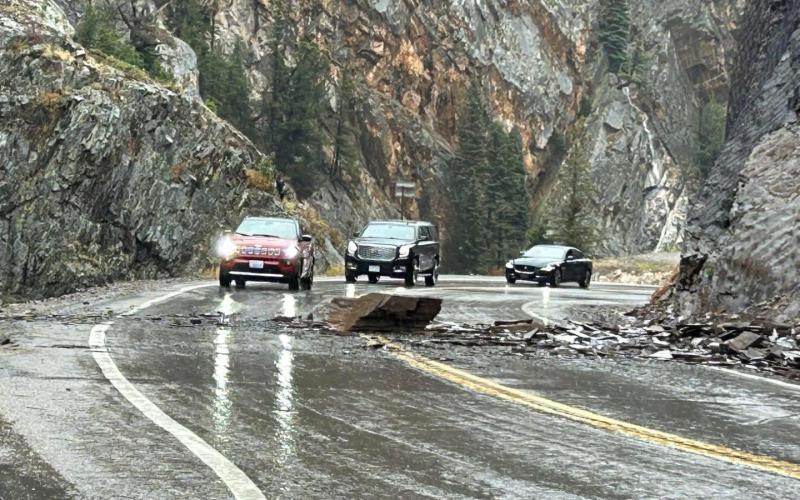 Large rocks fall in middle of Red Mountain Pass on Saturday. Photo by CDOT