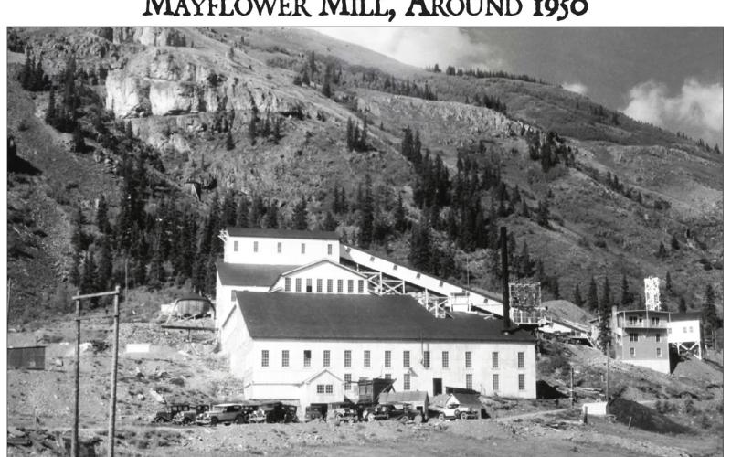 Mayflower Mill, Shenandoah-Dives Mining Company, north of Silverton. This is a front view from a point across the Howardsville road from the mill. The photo was taken in the late 1940s or early 1950s.
