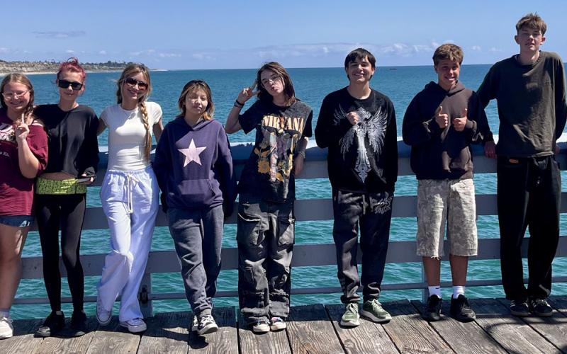 (L to R) Ixareli Angeles, Valentina Fierro, Brynn Hamm, Patience Rhoades, Renata Rosales, Sarah Lowrance, Marie Melcher, Jordan Perez, Elliot Barsczc, Liam Joyce, Richard Lowrance, Reid Weller during their recent school trip to San Diego where they interviewed a professional podcaster. (Missing from photo: Alayna Hamm, Vicky Quintana &amp; Alan Alvidrez)