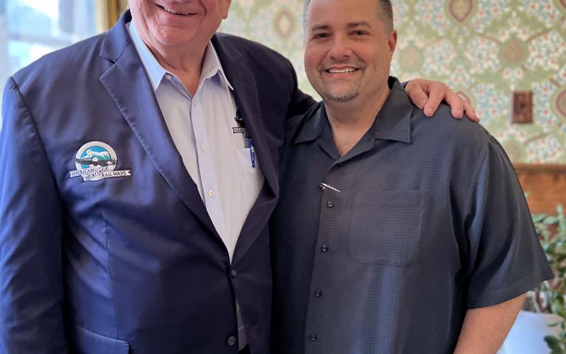 Jim Harper and his Dad Al Harper during first day of train celebrations in the Grand Imerial Hotel lobby