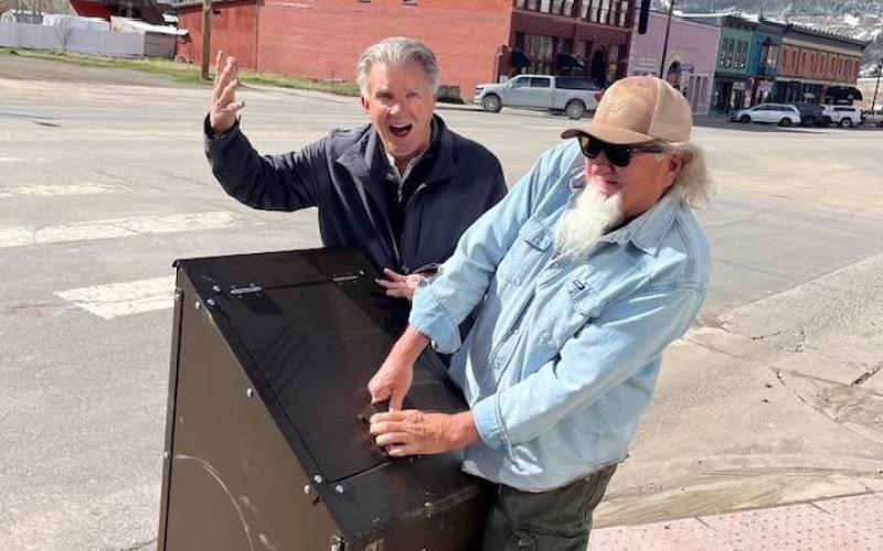 Ken Boden and Danny Castle messing around with the town trash cans…. What else can you say… photo by Ken Boden