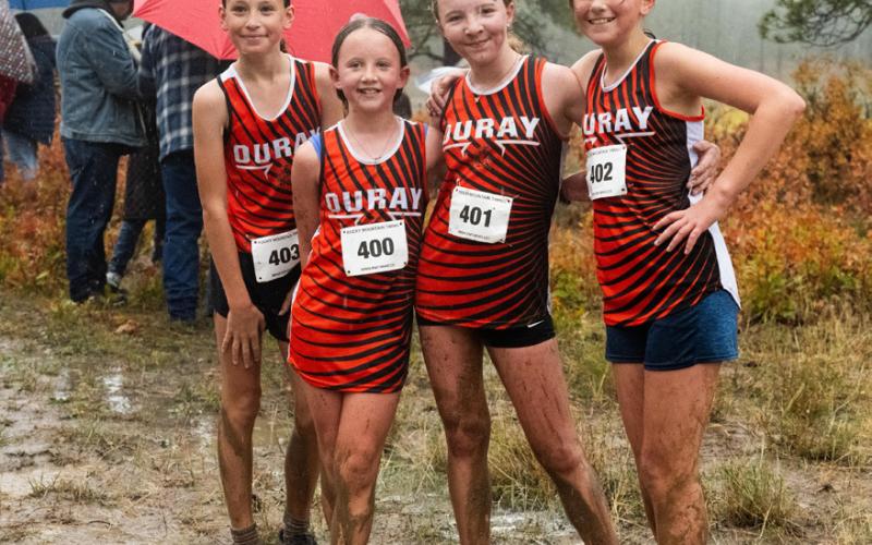Silverton’s girls cross country team, left to right, Maya Foster, Betsy &amp; Kate Barney, and Sophie Christensen Photo by Dave Emory