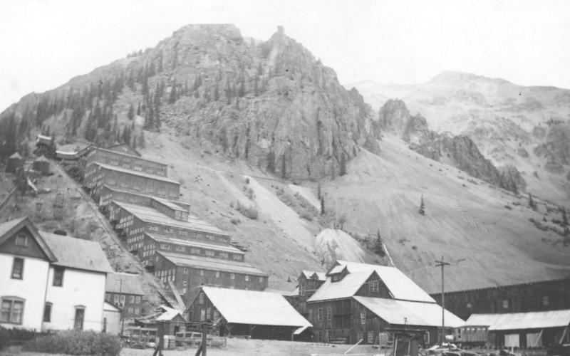 Eureka in the 1930s, showing the Sunnyside Mill, Joe T. Terry residence and the Casey Jones rail bus standing on the mill siding. San Juan County Historical Society photo
