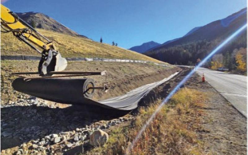 Liner installation in a stormwater channel of the Bonita Peak Repository. Photo credit BPMD