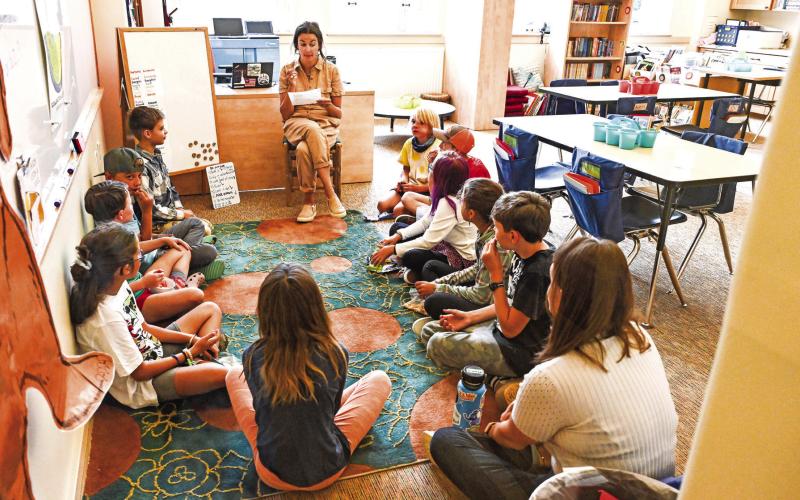 Mrs. Gaskill and her fourth and fifth graders circle up during the first week. This CREW time is essential social and emotional learning. Photo Credit David Emory