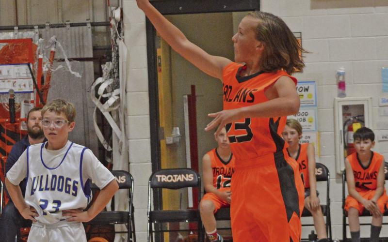 Jonah Kranker shoots, and makes, a free throw—the first point scored by a Silverton player this fall. Photo credit- Dayna Kranker