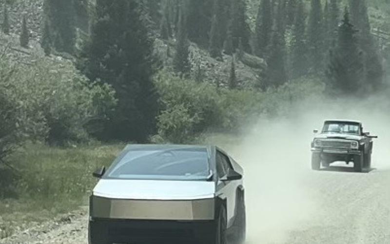 We saw all types of vehicles out on County Road 2, including a new Tesla truck kicking up dust. Photo credit DeAnne Gallegos