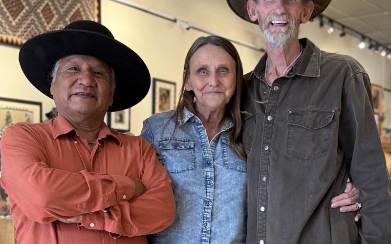 Navajo Artist Alvin Marshall and White Eyes Gallery (located in the Teller House) owners Lila and Rob held an art exhibit featuring Alvin’s art this past Saturday photo by DeAnne Gallegos