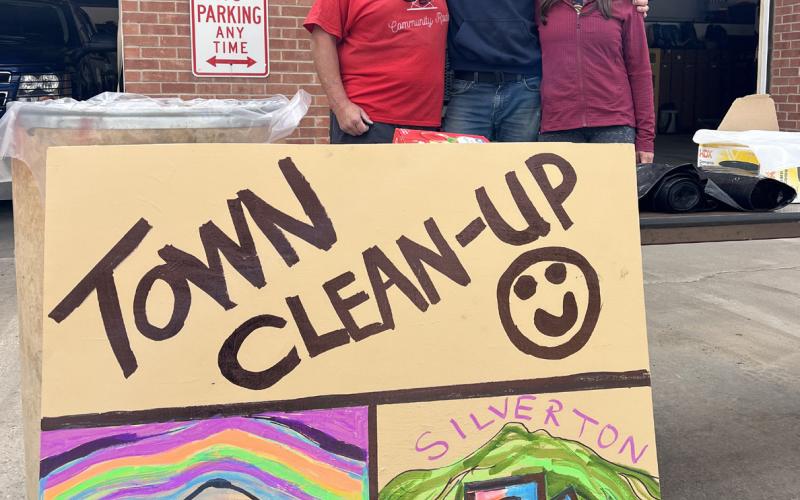 Danny Castle with KSJC, Tyler George with SMR and Dayna Kranker who started Silverton Strong hosting Town Clean Up Day photo by DeAnne Gallegos