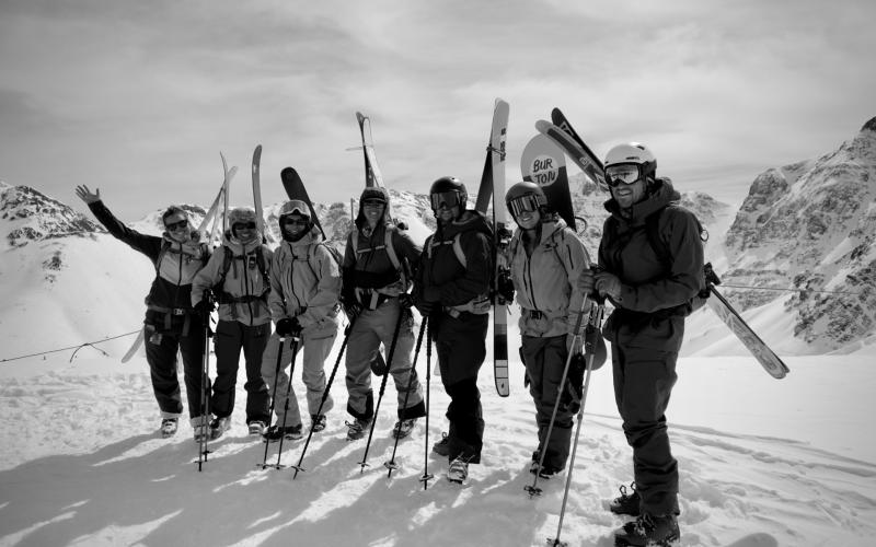 All smiles from Patagonia employees and visiting journalists as they make their way up the higher reaches of Silverton Mountain. Photo credit Alex Hunt)