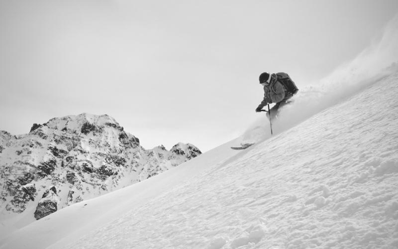 Journalist Abbie Barronian puts Patagonia's new PowSlayer kit to the test at Silverton Mountain. Photo credit Alex Hunt