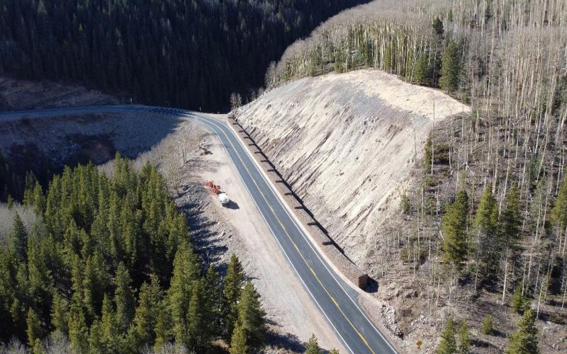 CDOT Photo: Aerial photo of the completed anchored mesh site (MP 57.4) between the Coal Bank Wall site and the Deer Creek Rockfall site.