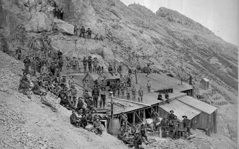 1888 Photo of Miners outside workings in Arrastra Gulch