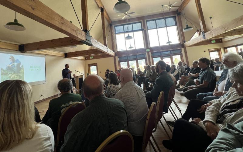 Bill Simon’s memorial last Thursday at Kendall Mountain Community Center was packed with about 100 people in attendance. Photo credit DeAnne Gallegos