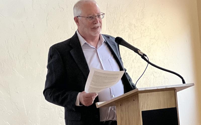 Peter Butler of Durango and the former Animas River Stakeholders group emceed the well-attended Bill Simon memorial. Photo credit DeAnne Gallegos