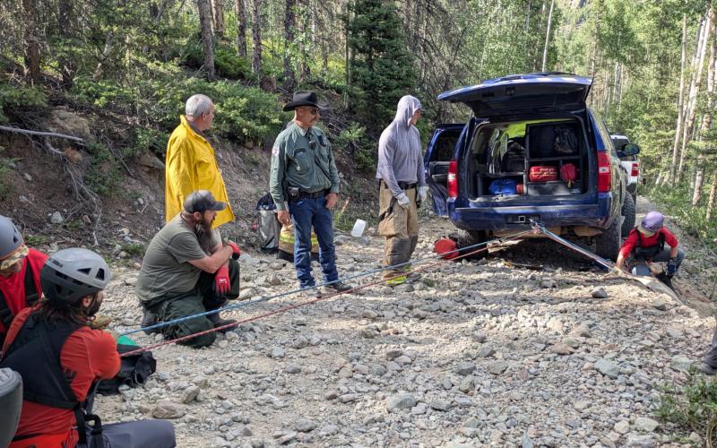 SJCSO, SMR, and SSJVFD members on the scene of the OHV rollover accident on Monday photo by SMR