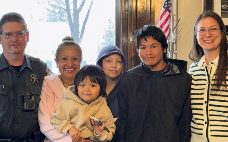 San Juan County Sheriff Steve Lowrance with his wife Norma, their children and San Juan County Judge Kelly Tompkins at his swearing in on Wednesday 4/1/2026 photo by Alex Lanis