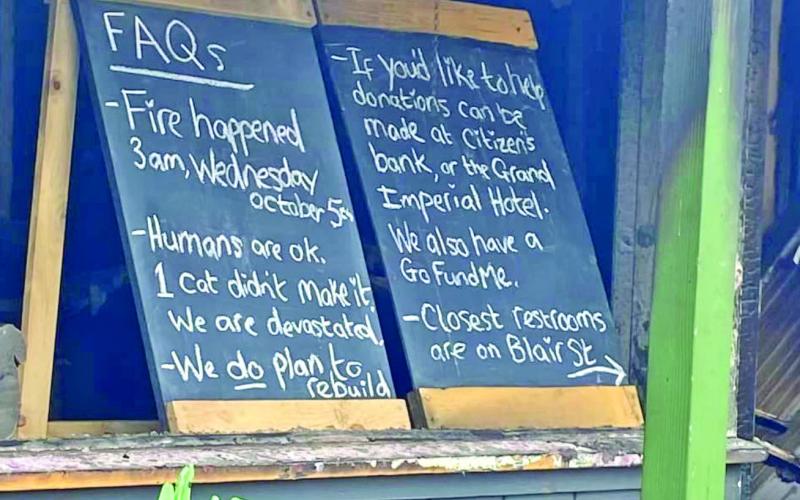 Signs in front of the destroyed Silverton Square Café. Photo Credit: Silverton Area Chamber of Commerce