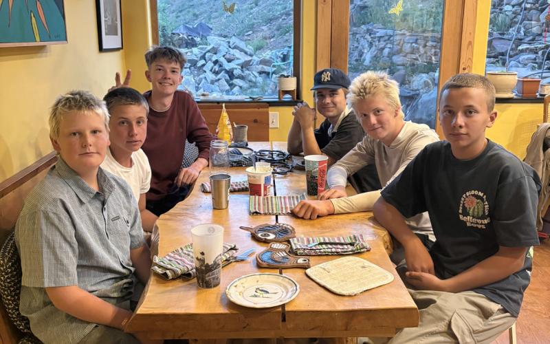 Silverton School kids share breakfast before first day, L-R: Hawkins Mead, Elliot Barszcz, Liam Joyce, Reid Weller, Phen Mead, Lucas Barszcz Photo by Anne Izard