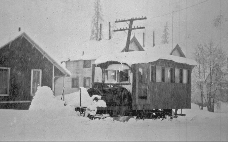 The Casey Jones railcar on the Silverton Northern tracks in Eureka, probably in 1927. The vehicle was equipped with its two track-cleaning brooms mounted off the pilot, and it is assumed the vehicle has only its normal pilot “cowcatcher” at this time. San Juan County Historical Society photo