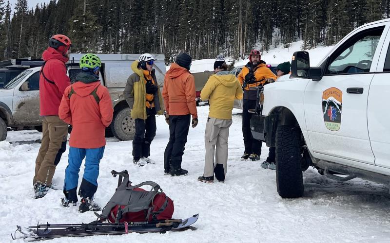 Silverton Medical Rescue volunteers assemble at the Ophir Pass turnoff during the recovery mission for the avalanche incident. Photo credit DeAnne Gallegos