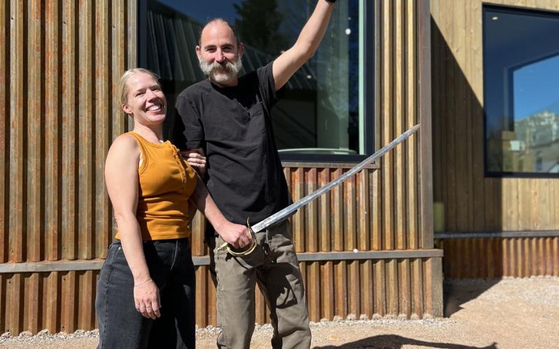 Photo credit DeAnne Gallegos Silverton locals Allyn Robinson and Angelo Colletti celebrate their new home build and move in day with the tried and true tradition of swording the champagne bottle.