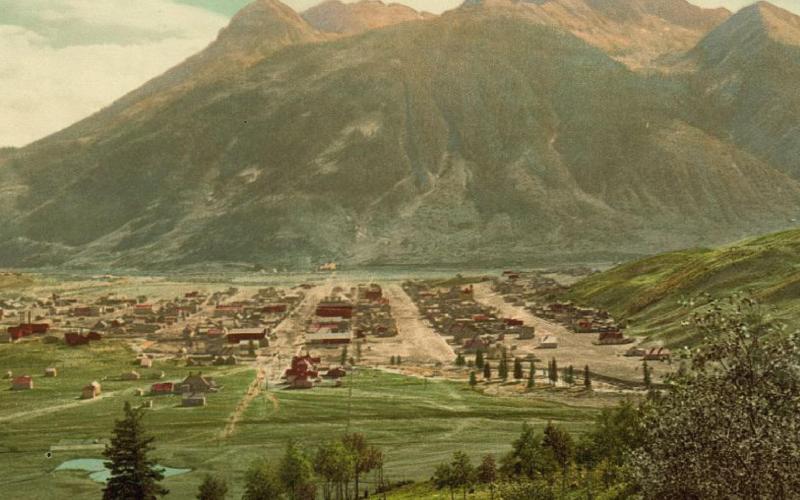 A digitized view of Silverton in 1901. The green hues show spring has sprung in the valley. Post Card Courtesy: The Silverton Standard &amp; Miner