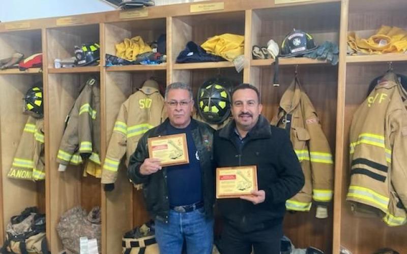 Fire Chief Gilbert Archuleta received a plaque from Joselo Perez, who is the secretary of the Madera fire municipality. Photo credit SSJVFD