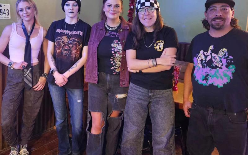 The Alpine Tavern crew dressed for the EMO Valentines party, channeling their 90’s grunge vibe, L-R Shiloh, Brittany, Natalie, Delaney, and Marco photo by DeAnne Gallegos