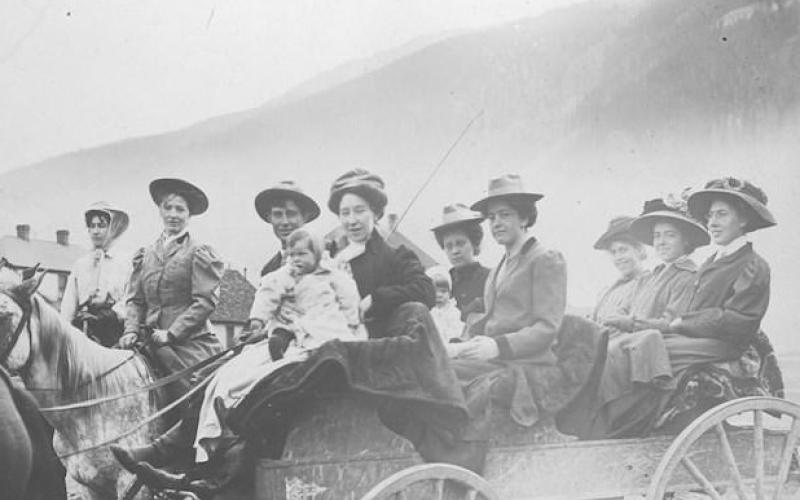 Date: Assumed autumn 1909 - View of Silverton teachers preparing to embark on an outing by team and wagon. It is presumed this was a trip which was arranged for the new teachers in the school that year.
