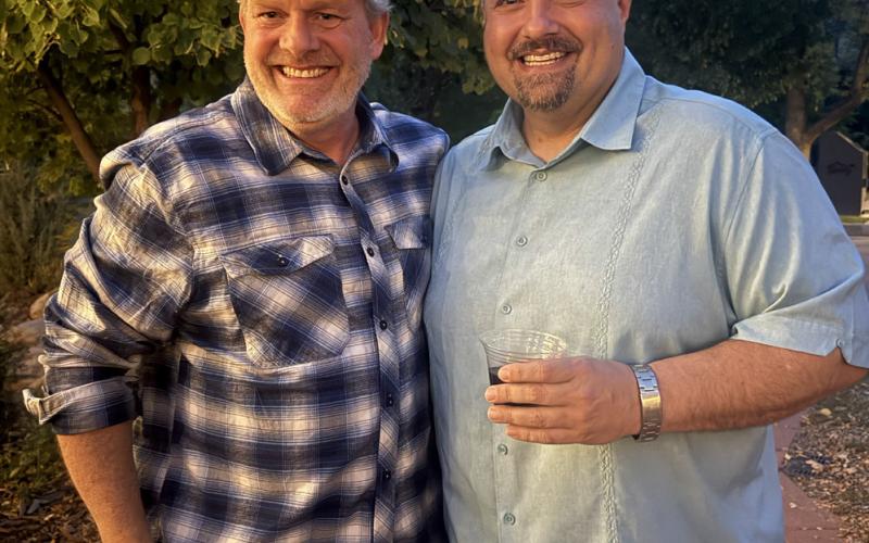 MSI Board member Aaron Kimple and Jim Harper enjoyed the warm Durango evening. photo by DeAnne Gallegos