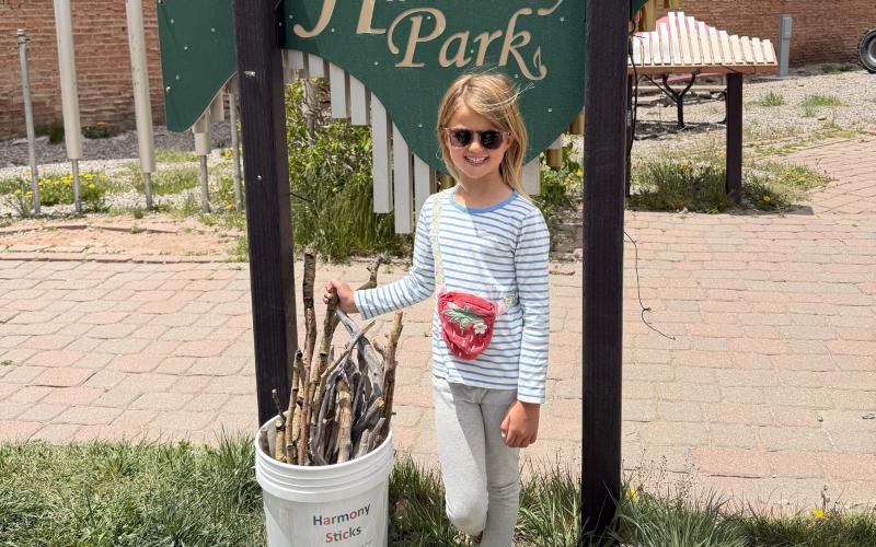 Willow (Lil Will) Blankenship posing next to her bucket of collected and donated sticks Photo by Sterling Blankenship