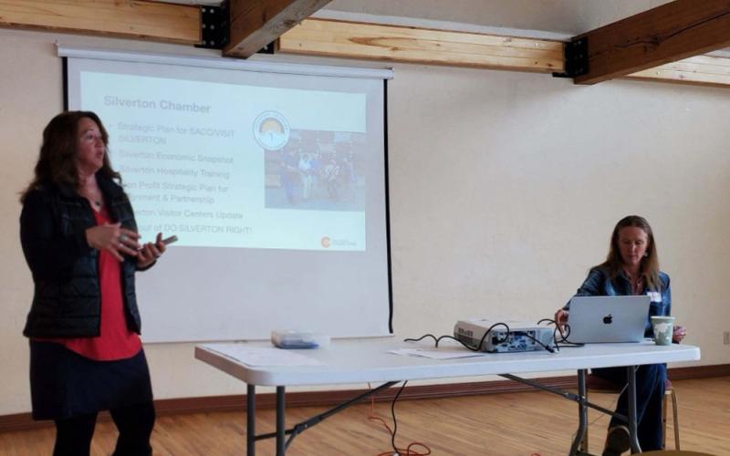 DeAnne Gallegos Executive Director of Silverton Chamber of Commerce to left and Mimi Mathers a consultant from Colorado Tourism Office present to local tourism stakeholders. Photo credit Jim Harper