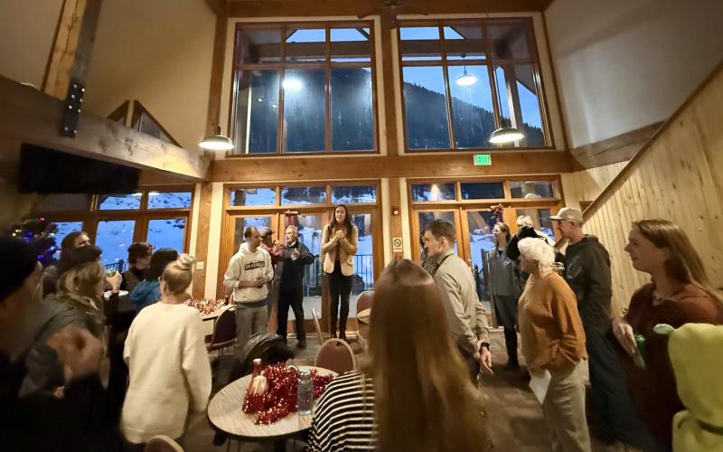 Mayor Dayna Kranker greets the packed room during the Candidates night at Kendall Photo by DeAnne Gallegos