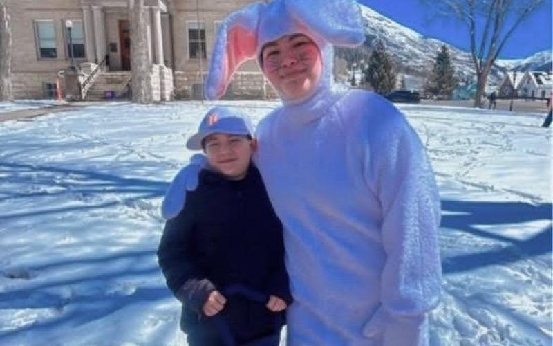 Photo credit Lucy Encinas The local Easter Bunny made an appearance during the Easter Egg Hunt on Easter Sunday. His fur matched the fresh blanket of snow.