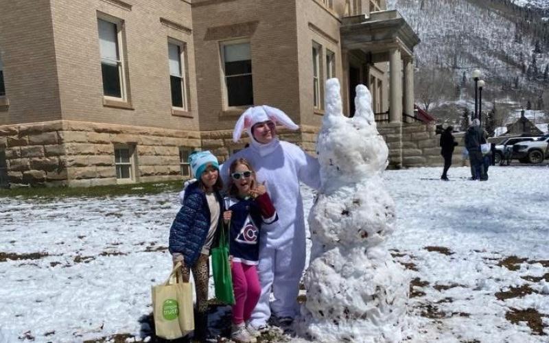 Photo credit Gina Rosato The Silverton Community held their annual Easter Egg hunt on the courthouse lawn on Easter Sunday. The snow arrived the day before the Easter Bunny just in time to recreate his likeness.