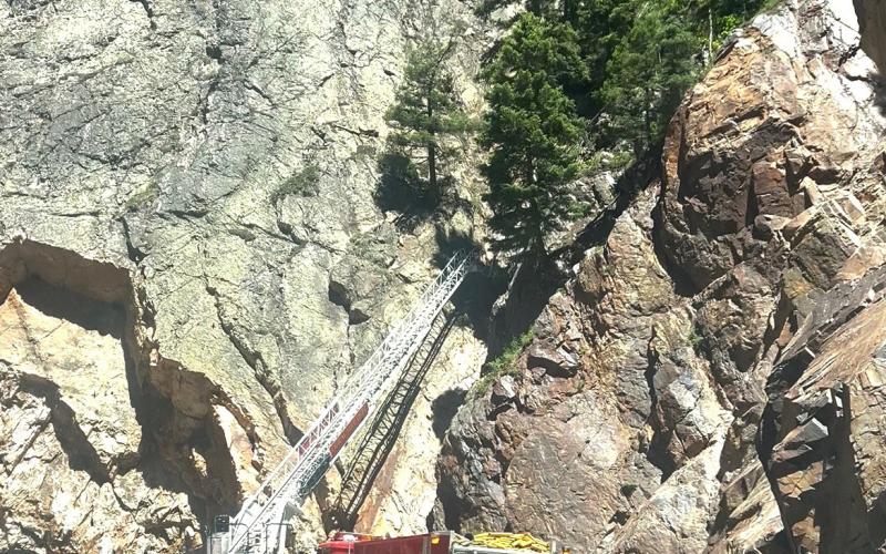 Snow Shed Fire started at 11 am Sunday, June 22nd. This photo is from Sunday, 1:15 pm, 2 hours later. Ouray Fire Department was on scene, and you can see the initial start just above the highway and south of the snow shed. Photo credit DeAnne Gallegos