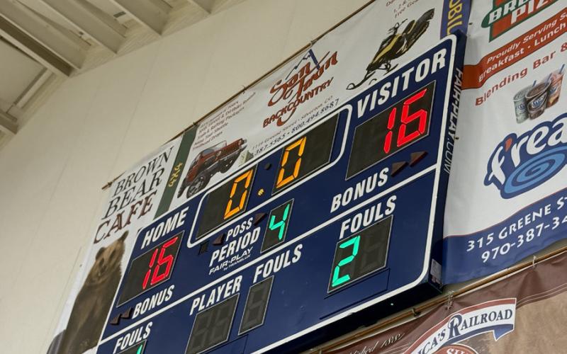 Photo by DeAnne Gallegos Scoreboard for one of the three basketball games and the Ouray/Silverton win. They then tied a game and lost a game.