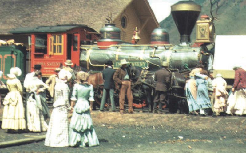 The Emma Sweeney in Silverton, 1949 San Juan County Historical Society photo Filming of a scene from “A Ticket to Tomahawk” at the Silverton depot, featuring, with the Emma Sweeney engine in 1949.
