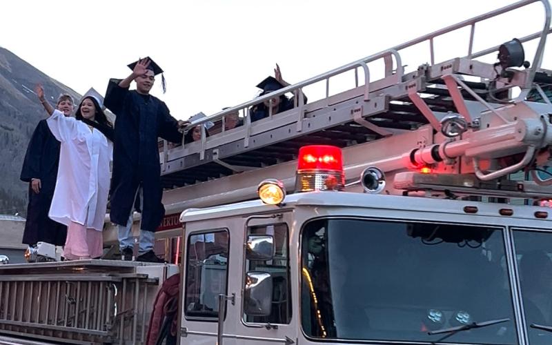 The Silverton School graduates were paraded through downtown on top of the local fire department’s firetruck. Photo credit DeAnne Gallegos