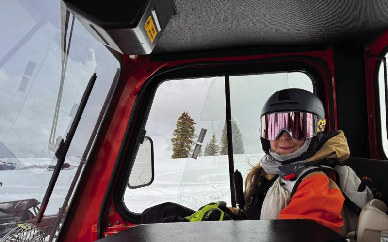 Silverton Local, the young ‘ski legend’ Griff Pinto takes a ride up the Double A Event venue above Little Molas in the snowcat ‘Cheetah Cat’. Photo credit David Breed